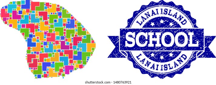 Mosaic puzzle map of Lanai Island and textured school stamp with ribbon. Vector map of Lanai Island constructed with bright colored square and corner elements.