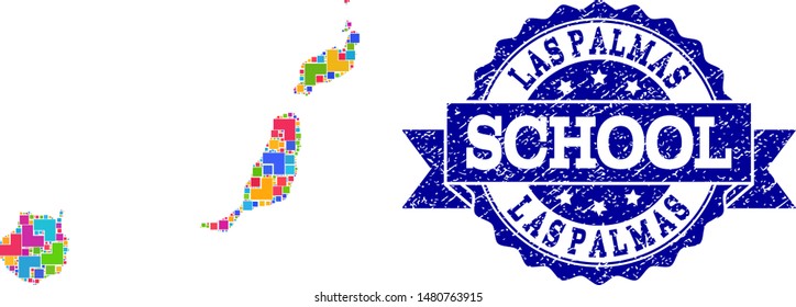 Mosaic puzzle map of Las Palmas Province and scratched school seal stamp with ribbon. Vector map of Las Palmas Province designed with bright colored square and corner elements.