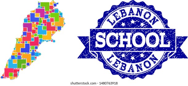 Mosaic puzzle map of Lebanon and scratched school seal with ribbon. Vector map of Lebanon constructed with colorful square and corner elements. Vector seal with corroded rubber texture,