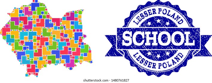 Mosaic puzzle map of Lesser Poland Province and grunge school seal stamp with ribbon. Vector map of Lesser Poland Province designed with colorful square and corner elements.