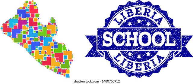 Mosaic puzzle map of Liberia and grunge school seal with ribbon. Vector map of Liberia constructed with bright colored square and corner blocks. Vector seal with distress rubber texture,