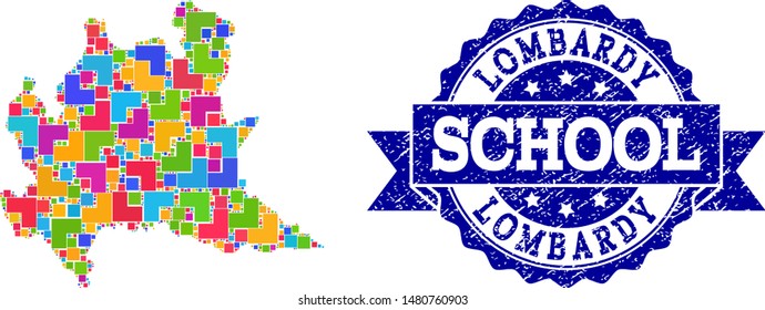 Mosaic puzzle map of Lombardy region and scratched school seal stamp with ribbon. Vector map of Lombardy region constructed with colorful square and corner blocks.