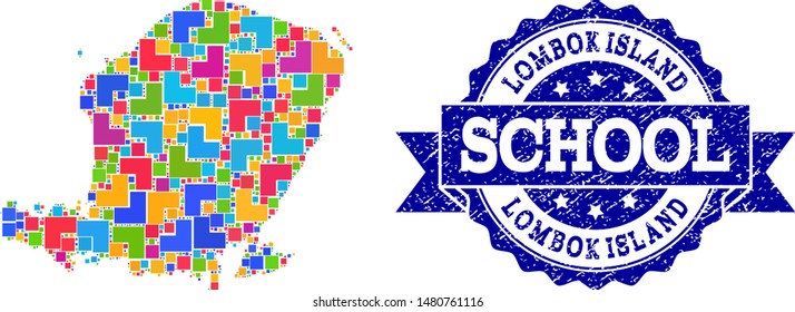 Mosaic puzzle map of Lombok Island and rubber school seal stamp with ribbon. Vector map of Lombok Island designed with colorful square and corner elements. Vector seal with grunge rubber texture,