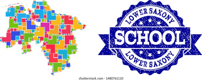 Mosaic puzzle map of Lower Saxony State and rubber school seal stamp with ribbon. Vector map of Lower Saxony State constructed with colorful square and corner blocks.