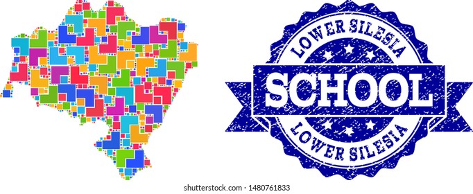 Mosaic puzzle map of Lower Silesia Province and rubber school stamp with ribbon. Vector map of Lower Silesia Province constructed with bright colored square and corner blocks.