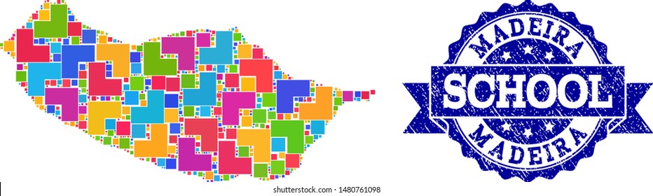 Mosaic puzzle map of Madeira Island and grunge school seal with ribbon. Vector map of Madeira Island constructed with colorful square and corner blocks. Vector seal with grunge rubber texture,