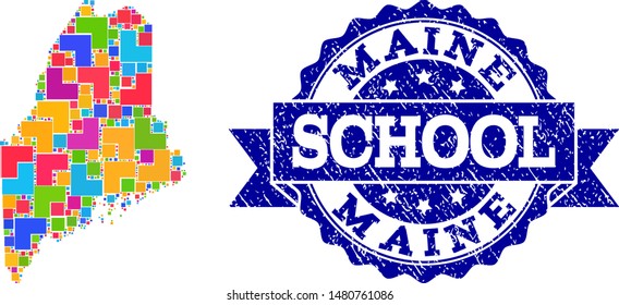 Mosaic puzzle map of Maine State and rubber school seal stamp with ribbon. Vector map of Maine State constructed with colorful square and corner elements. Vector seal with grunge rubber texture,