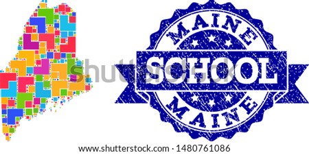 Mosaic puzzle map of Maine State and rubber school seal stamp with ribbon. Vector map of Maine State constructed with colorful square and corner elements. Vector seal with grunge rubber texture,