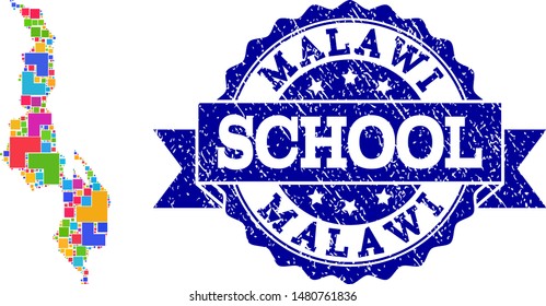 Mosaic puzzle map of Malawi and rubber school seal with ribbon. Vector map of Malawi designed with colorful square and corner blocks. Vector seal with distress rubber texture, and school caption.