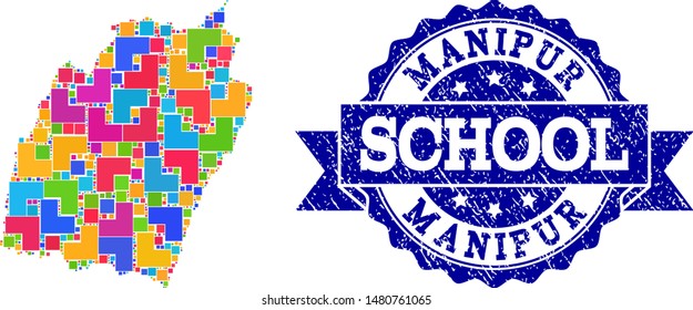 Mosaic puzzle map of Manipur State and textured school seal stamp with ribbon. Vector map of Manipur State constructed with bright colored square and corner elements.
