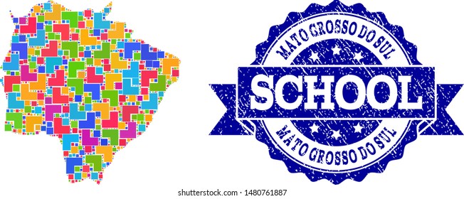 Mosaic puzzle map of Mato Grosso do Sul State and rubber school seal stamp with ribbon. Vector map of Mato Grosso do Sul State constructed with colorful square and corner blocks.