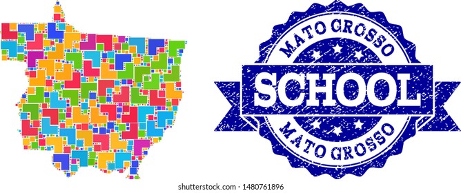 Mosaic puzzle map of Mato Grosso State and textured school seal stamp with ribbon. Vector map of Mato Grosso State constructed with bright colored square and corner blocks.