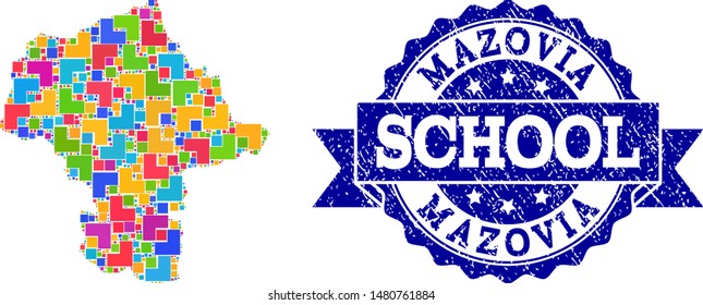 Mosaic puzzle map of Mazovia Province and scratched school seal stamp with ribbon. Vector map of Mazovia Province constructed with colorful square and corner blocks.