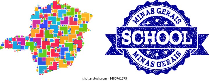 Mosaic puzzle map of Minas Gerais State and rubber school seal stamp with ribbon. Vector map of Minas Gerais State constructed with colorful square and corner blocks.