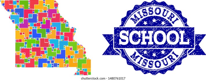 Mosaic puzzle map of Missouri State and dirty school seal with ribbon. Vector map of Missouri State designed with colorful square and corner blocks. Vector seal with unclean rubber texture,