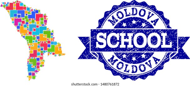 Mosaic puzzle map of Moldova and rubber school seal stamp with ribbon. Vector map of Moldova constructed with colorful square and corner blocks. Vector seal with grunge rubber texture,