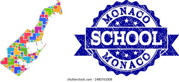 Mosaic puzzle map of Monaco and rubber school seal with ribbon. Vector map of Monaco designed with bright colored square and corner blocks. Vector seal with corroded rubber texture, and school title.