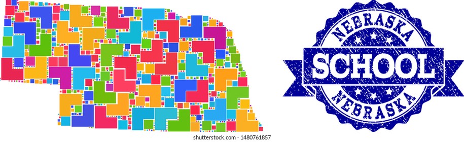 Mosaic puzzle map of Nebraska State and unclean school seal stamp with ribbon. Vector map of Nebraska State designed with bright colored square and corner blocks.