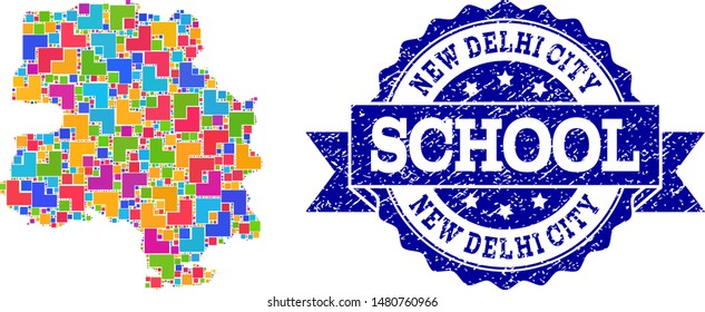 Mosaic puzzle map of New Delhi City and corroded school seal stamp with ribbon. Vector map of New Delhi City constructed with bright colored square and corner elements.