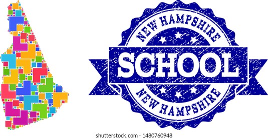 Mosaic puzzle map of New Hampshire State and rubber school seal with ribbon. Vector map of New Hampshire State constructed with bright colored square and corner blocks.