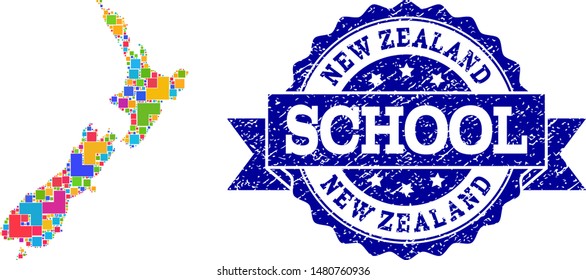 Mosaic puzzle map of New Zealand and rubber school seal with ribbon. Vector map of New Zealand designed with bright colored square and corner elements. Vector seal with distress rubber texture,