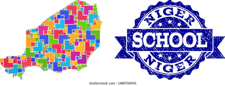Mosaic puzzle map of Niger and corroded school seal stamp with ribbon. Vector map of Niger constructed with colorful square and corner elements. Vector imprint with corroded rubber texture,