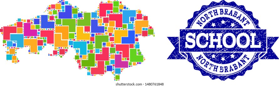 Mosaic puzzle map of North Brabant Province and unclean school seal with ribbon. Vector map of North Brabant Province designed with colorful square and corner elements.