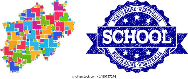 Mosaic puzzle map of North Rhine-Westphalia State and corroded school seal with ribbon. Vector map of North Rhine-Westphalia State designed with colorful square and corner elements.