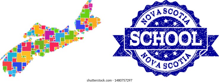 Mosaic puzzle map of Nova Scotia Province and rubber school seal with ribbon. Vector map of Nova Scotia Province designed with colorful square and corner elements.