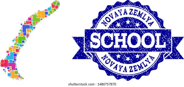 Mosaic puzzle map of Novaya Zemlya Islands and rubber school seal with ribbon. Vector map of Novaya Zemlya Islands designed with bright colored square and corner blocks.