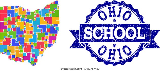 Mosaic puzzle map of Ohio State and rubber school seal with ribbon. Vector map of Ohio State constructed with bright colored square and corner blocks. Vector seal with corroded rubber texture,