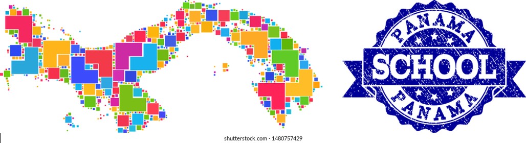 Mosaic puzzle map of Panama and scratched school seal with ribbon. Vector map of Panama designed with colorful square and corner blocks. Vector seal with grunge rubber texture, and school title.