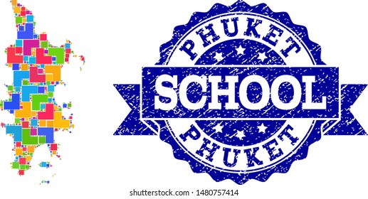 Mosaic puzzle map of Phuket and rubber school seal stamp with ribbon. Vector map of Phuket constructed with colorful square and corner elements. Vector seal with corroded rubber texture,