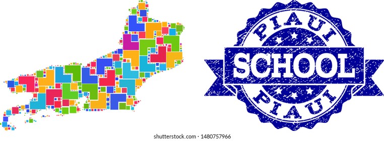 Mosaic puzzle map of Piaui State and textured school seal stamp with ribbon. Vector map of Piaui State constructed with bright colored square and corner blocks.