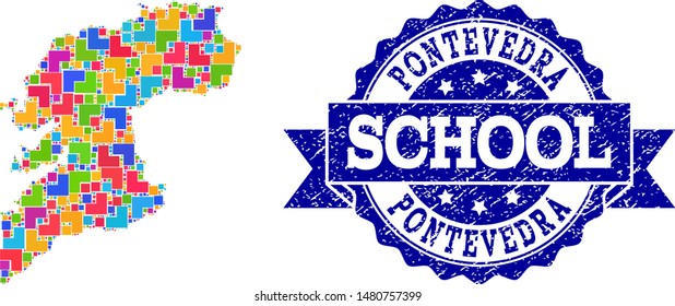 Mosaic puzzle map of Pontevedra Province and unclean school seal stamp with ribbon. Vector map of Pontevedra Province constructed with colorful square and corner blocks.