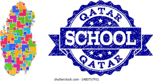 Mosaic puzzle map of Qatar and rubber school seal stamp with ribbon. Vector map of Qatar constructed with bright colored square and corner elements. Vector seal with scratched rubber texture,