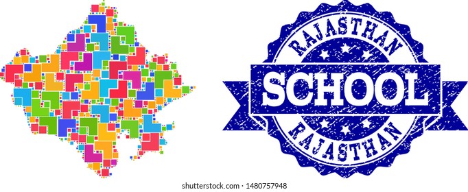 Mosaic puzzle map of Rajasthan State and rubber school stamp with ribbon. Vector map of Rajasthan State designed with colorful square and corner elements. Vector seal with scratched rubber texture,