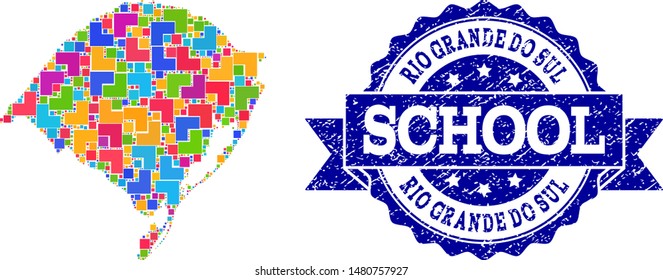 Mosaic puzzle map of Rio Grande do Sul State and rubber school stamp with ribbon. Vector map of Rio Grande do Sul State designed with colorful square and corner blocks.