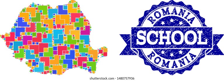 Mosaic puzzle map of Romania and rubber school stamp with ribbon. Vector map of Romania constructed with bright colored square and corner blocks. Vector watermark with scratched rubber texture,