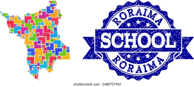 Mosaic puzzle map of Roraima State and grunge school seal with ribbon. Vector map of Roraima State designed with bright colored square and corner elements. Vector imprint with grunge rubber texture,