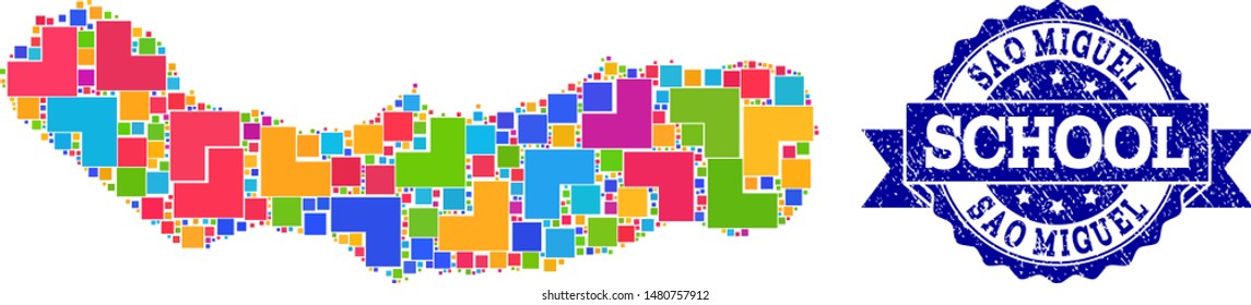 Mosaic puzzle map of Sao Miguel Island and corroded school seal stamp with ribbon. Vector map of Sao Miguel Island designed with bright colored square and corner elements.