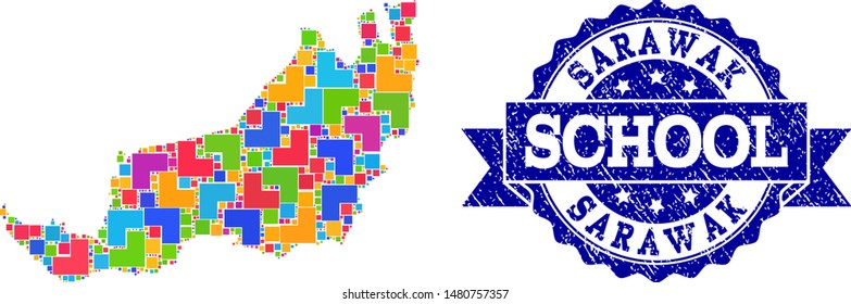 Mosaic puzzle map of Sarawak and unclean school seal stamp with ribbon. Vector map of Sarawak designed with bright colored square and corner elements. Vector seal with grunge rubber texture,