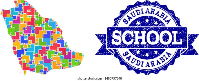 Mosaic puzzle map of Saudi Arabia and rubber school stamp with ribbon. Vector map of Saudi Arabia designed with bright colored square and corner elements. Vector imprint with distress rubber texture,