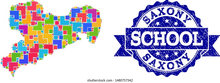 Mosaic puzzle map of Saxony State and unclean school seal stamp with ribbon. Vector map of Saxony State constructed with bright colored square and corner blocks.
