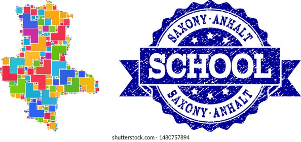 Mosaic puzzle map of Saxony-Anhalt State and rubber school seal with ribbon. Vector map of Saxony-Anhalt State designed with colorful square and corner elements.