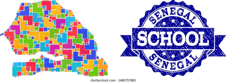 Mosaic puzzle map of Senegal and rubber school seal stamp with ribbon. Vector map of Senegal designed with bright colored square and corner blocks. Vector imprint with distress rubber texture,