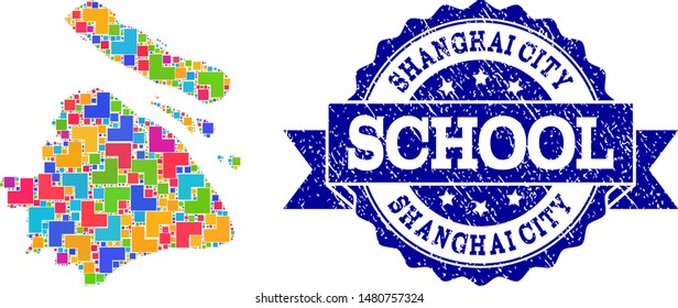 Mosaic puzzle map of Shanghai Municipality and rubber school seal with ribbon. Vector map of Shanghai Municipality constructed with colorful square and corner blocks.