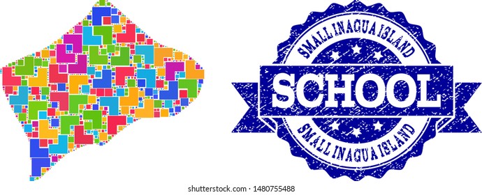 Mosaic puzzle map of Small Inagua Island and rubber school stamp with ribbon. Vector map of Small Inagua Island designed with bright colored square and corner blocks.