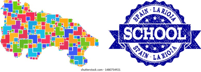 Mosaic puzzle map of Spain - La Rioja and rubber school seal with ribbon. Vector map of Spain - La Rioja constructed with colorful square and corner elements.
