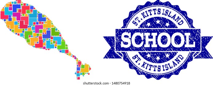 Mosaic puzzle map of St Kitts Island and rubber school seal stamp with ribbon. Vector map of St Kitts Island designed with bright colored square and corner elements.